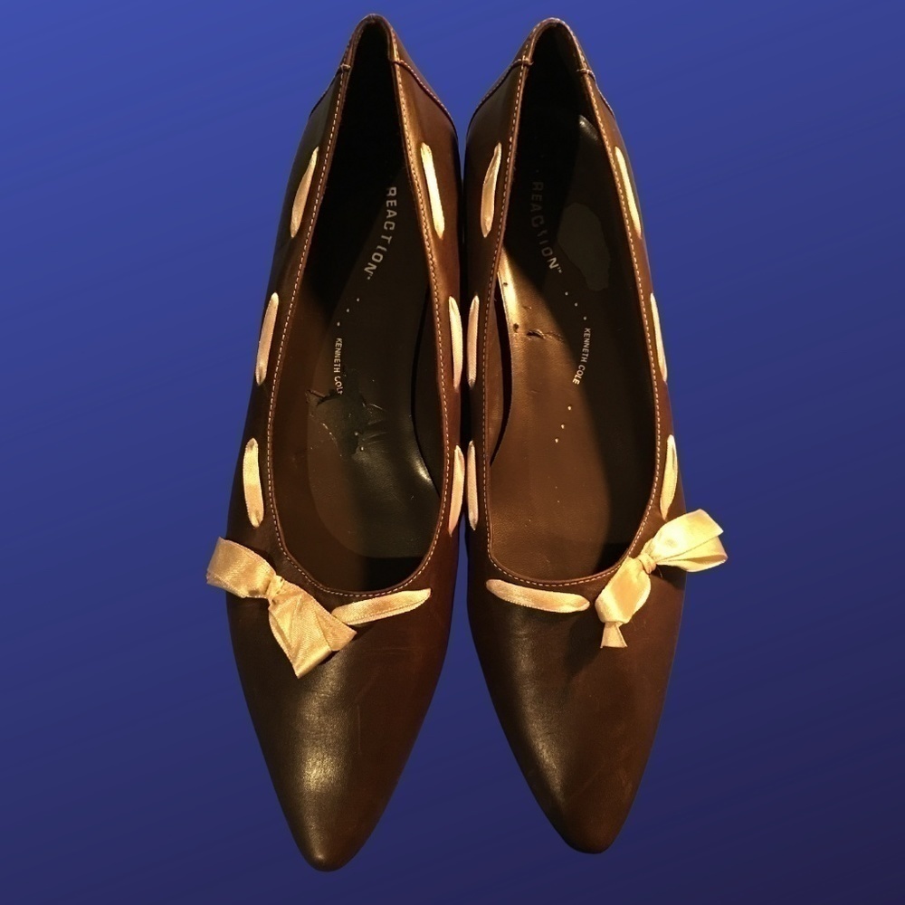 KENNETH COLE REACTION Pointed Toe Dress Flats W/Ribbon, Brown/Yellow, 11, NWOB